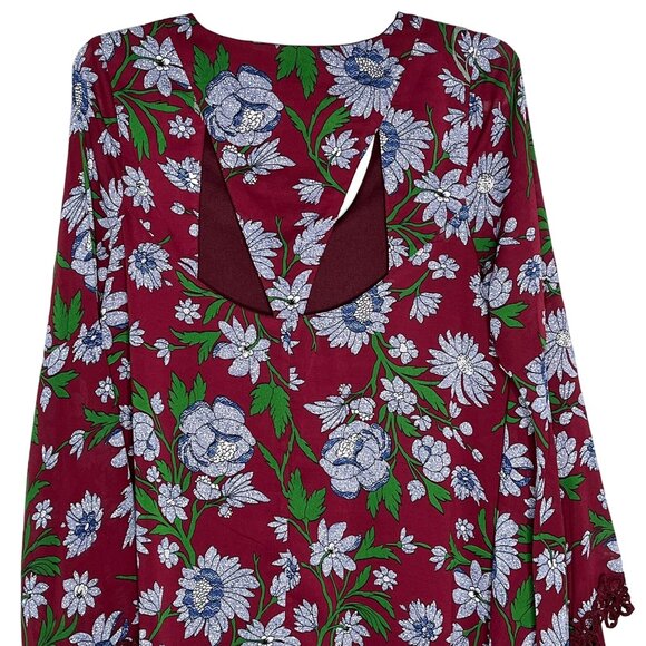 Entro Boho Bell Sleeve Floral Mini Dress Burgundy Blue Size Large - Picture 10 of 12